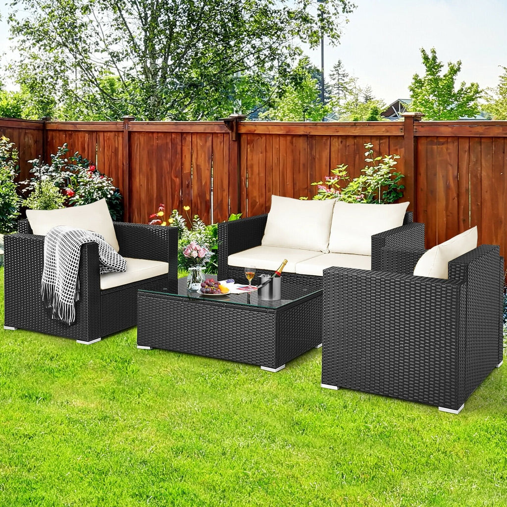 4 Piece Deep Seat Rattan Patio Conversation Set with Glass Coffee Table, Off White