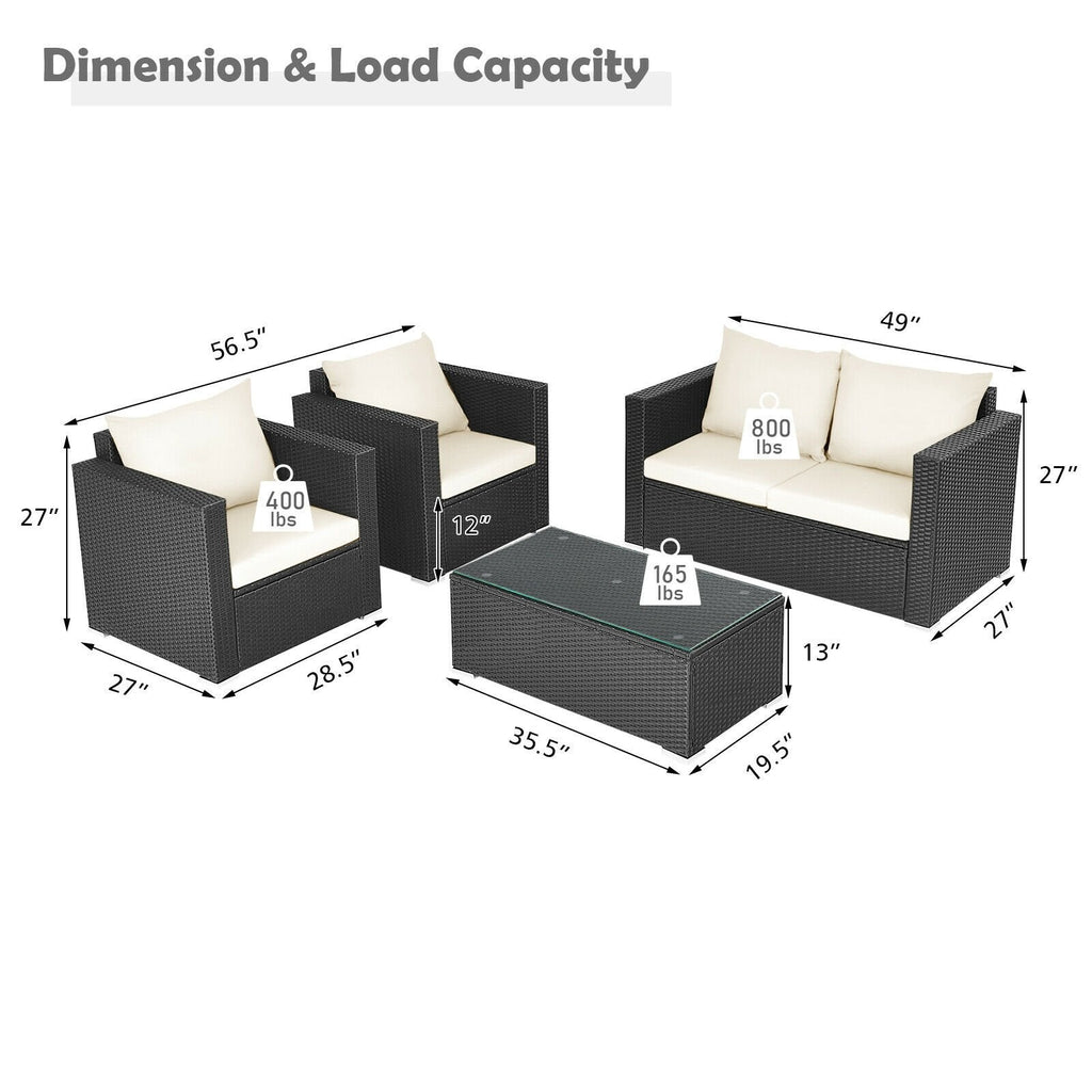 4 Piece Deep Seat Rattan Patio Conversation Set with Glass Coffee Table, Off White