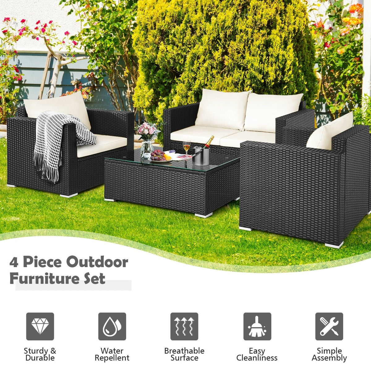 4 Piece Deep Seat Rattan Patio Conversation Set with Glass Coffee Table, Off White