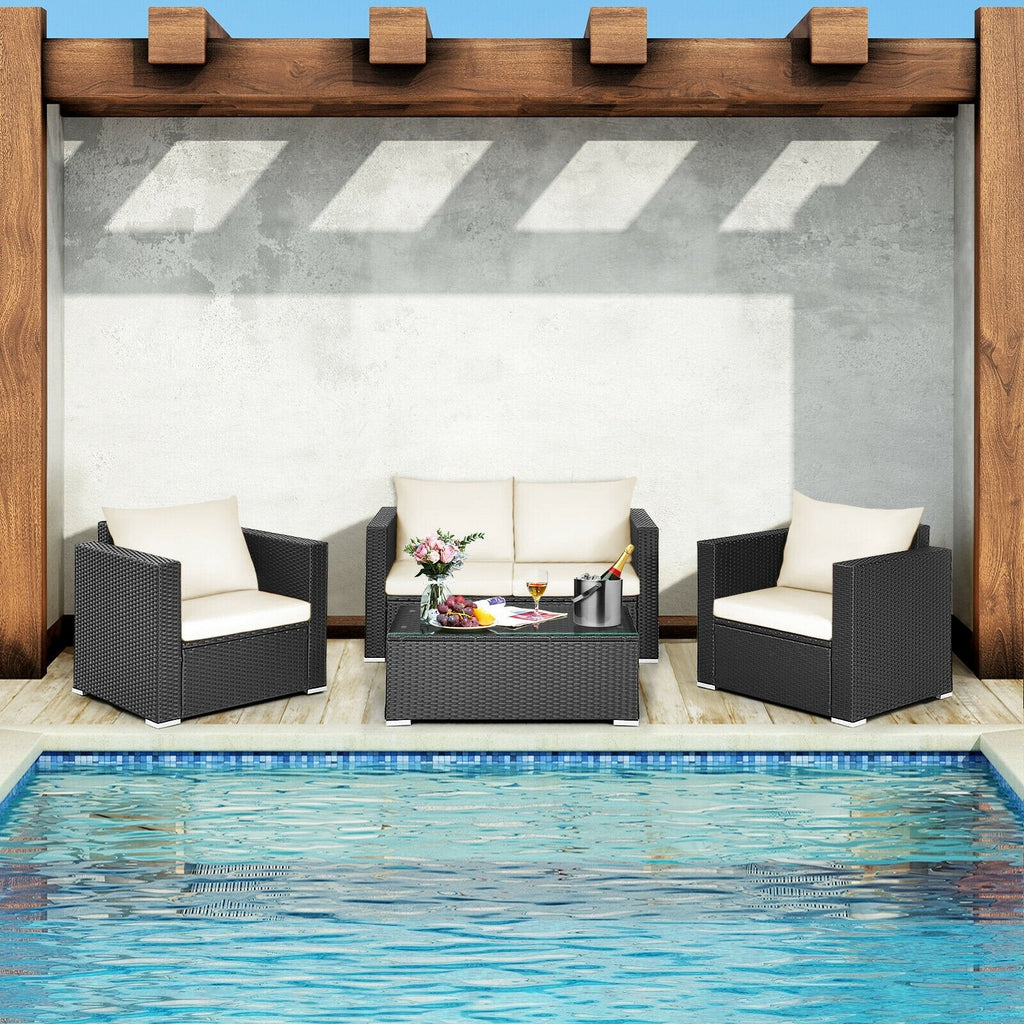 4 Piece Deep Seat Rattan Patio Conversation Set with Glass Coffee Table, Off White