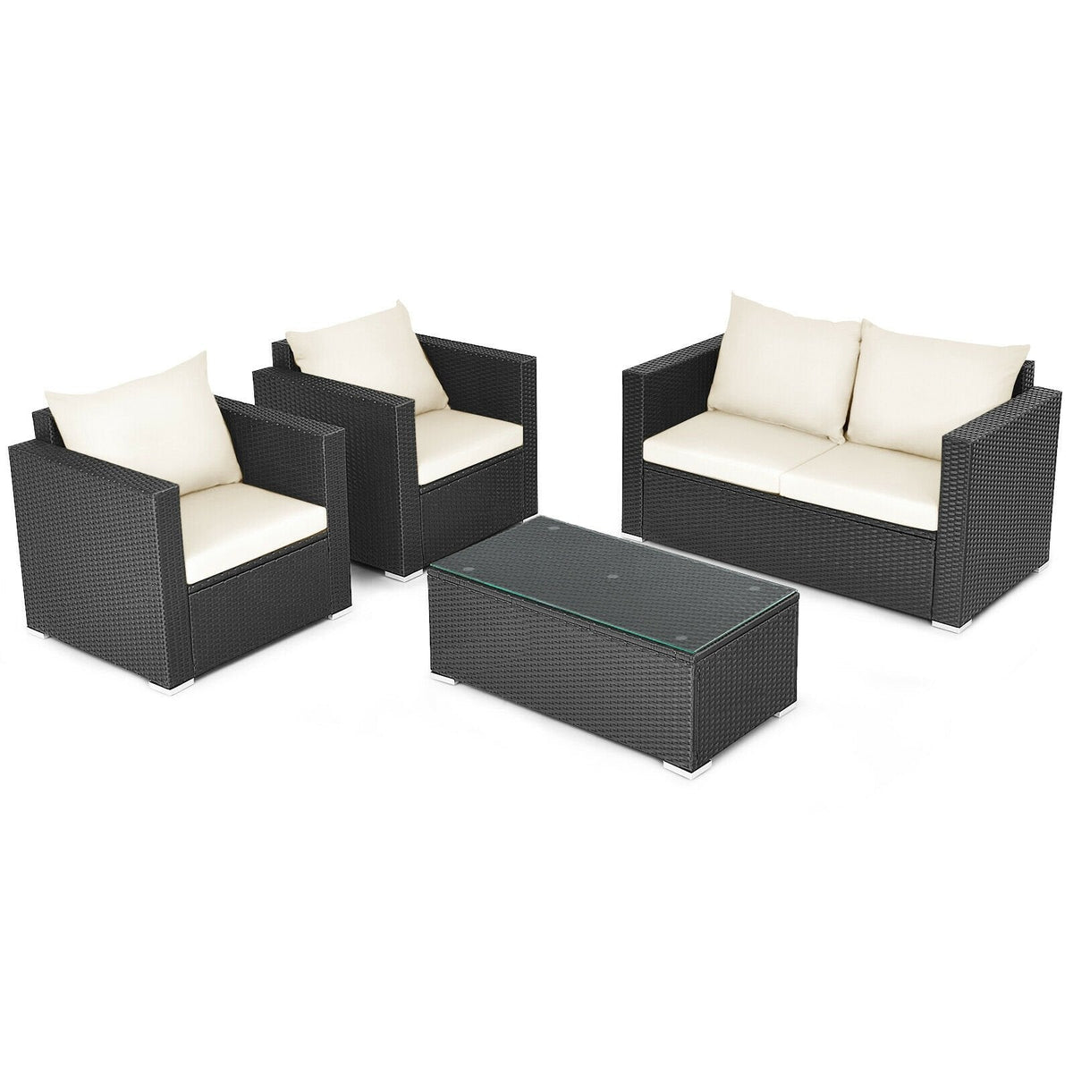 4 Piece Deep Seat Rattan Patio Conversation Set with Glass Coffee Table, Off White