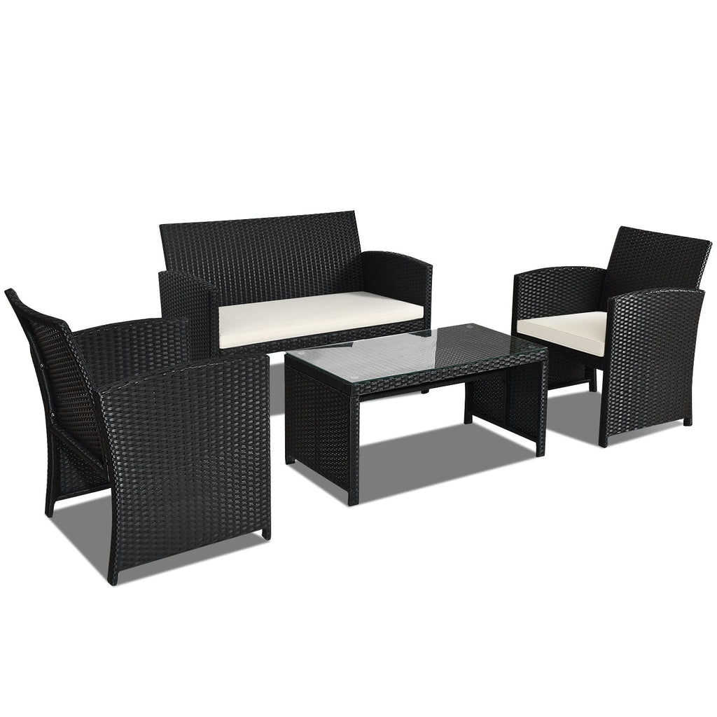 4 Piece Wicker Patio Conversation Set with Tempered Glass Coffee Table, Off White Cushions