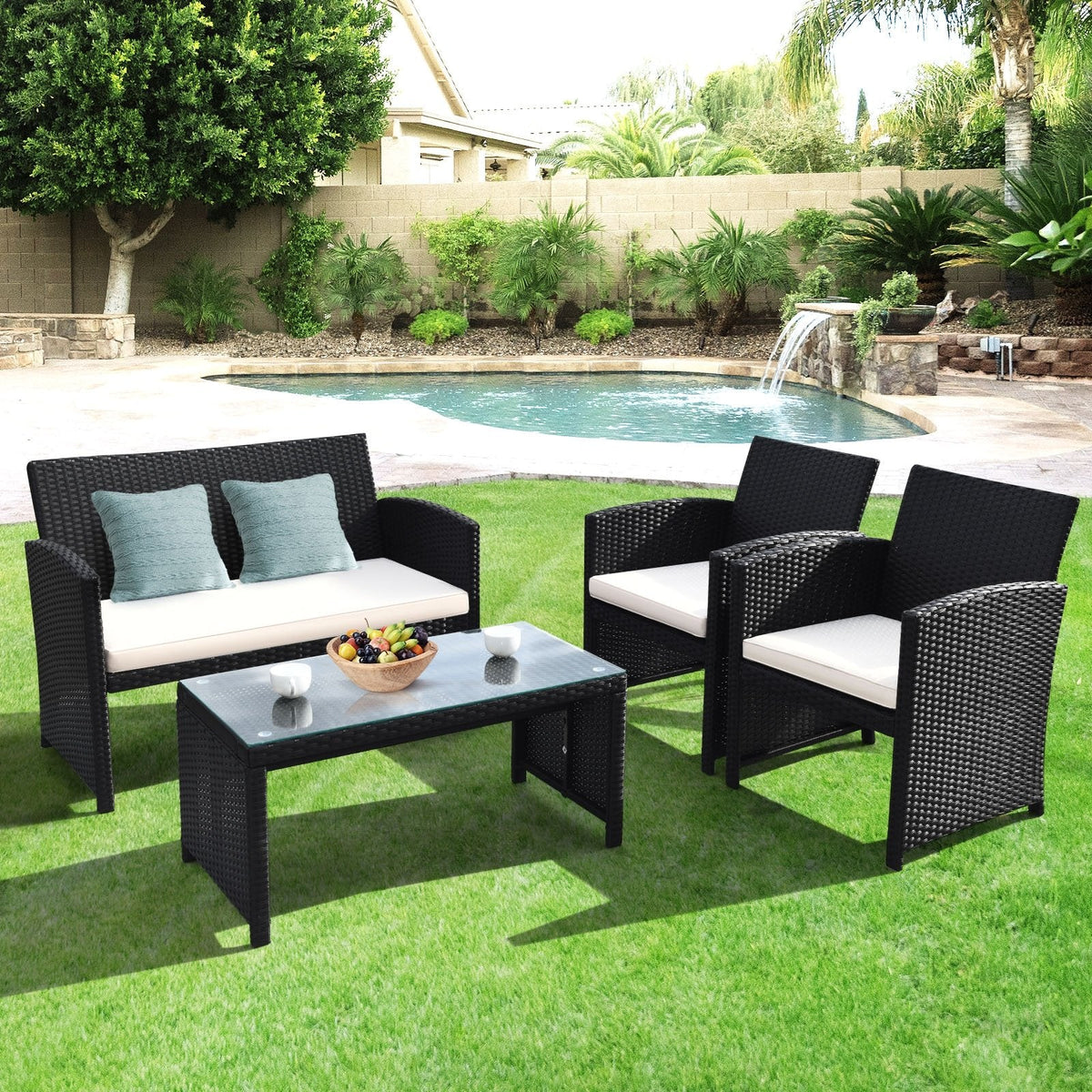 4 Piece Wicker Patio Conversation Set with Tempered Glass Coffee Table, Off White Cushions