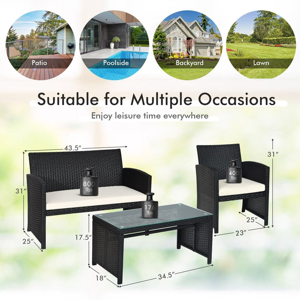 4 Piece Wicker Patio Conversation Set with Tempered Glass Coffee Table, Off White Cushions