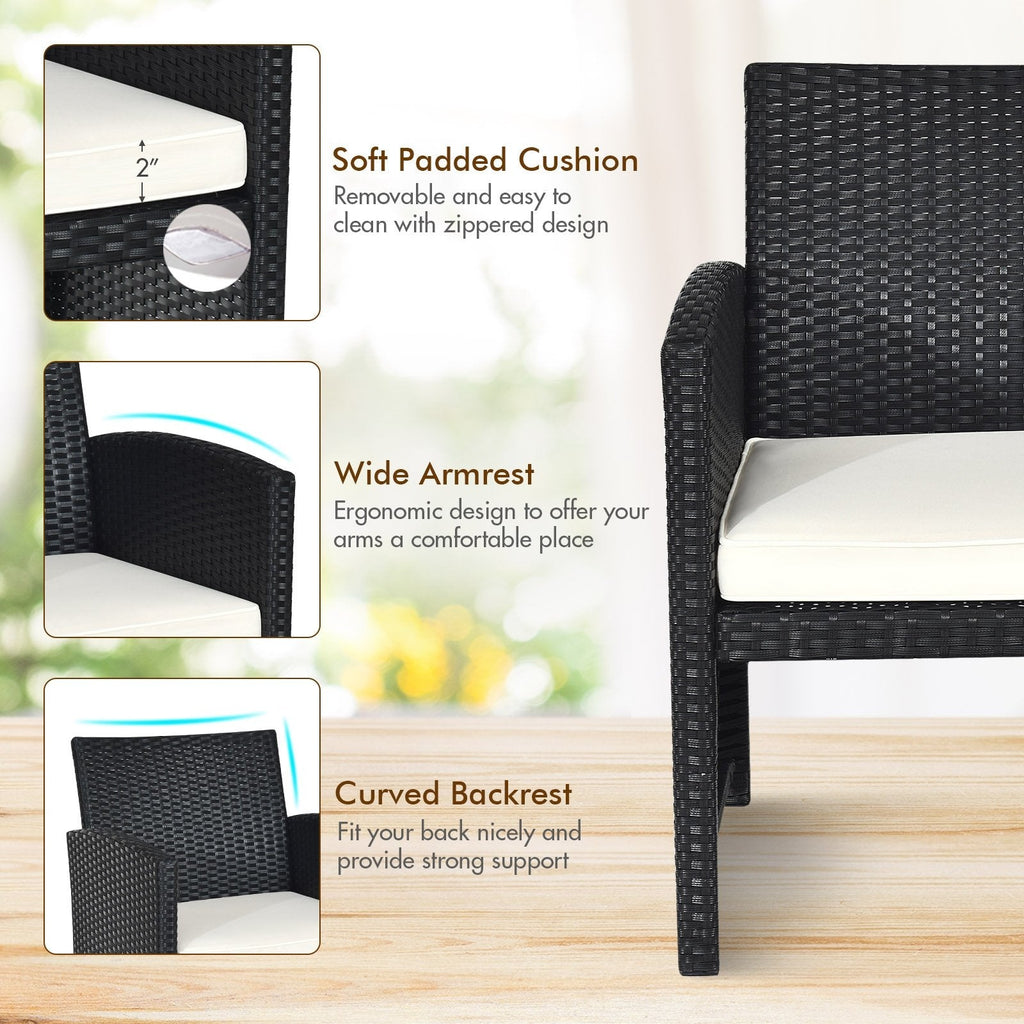 4 Piece Wicker Patio Conversation Set with Tempered Glass Coffee Table, Off White Cushions