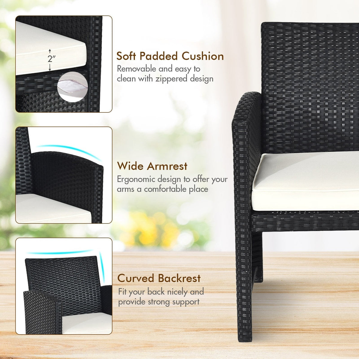 4 Piece Wicker Patio Conversation Set with Tempered Glass Coffee Table, Off White Cushions