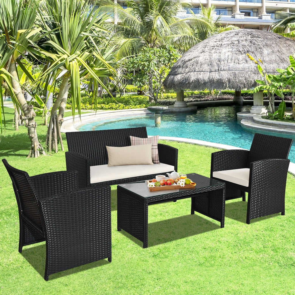 4 Piece Wicker Patio Conversation Set with Tempered Glass Coffee Table, Off White Cushions