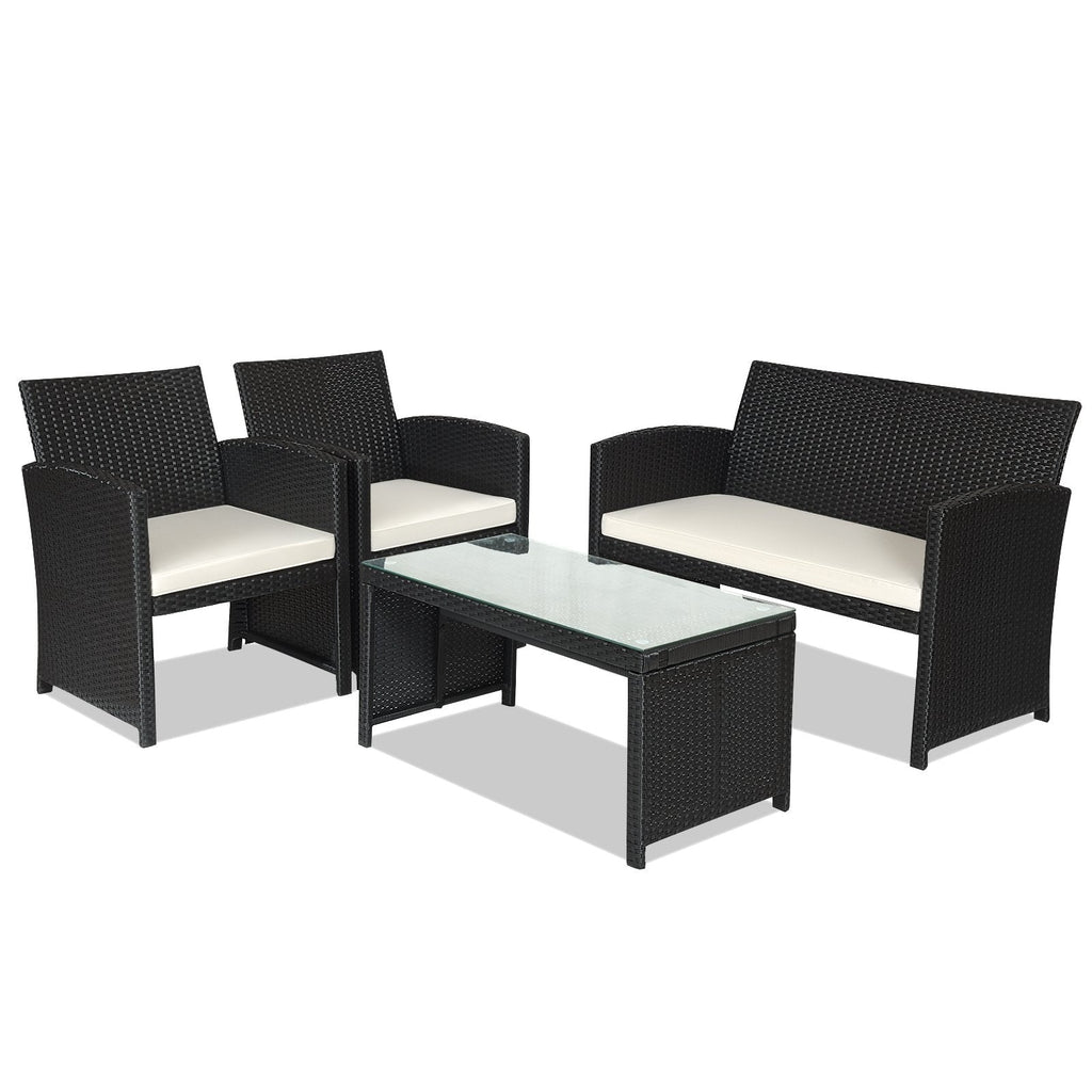 4 Piece Wicker Patio Conversation Set with Tempered Glass Coffee Table, Off White Cushions