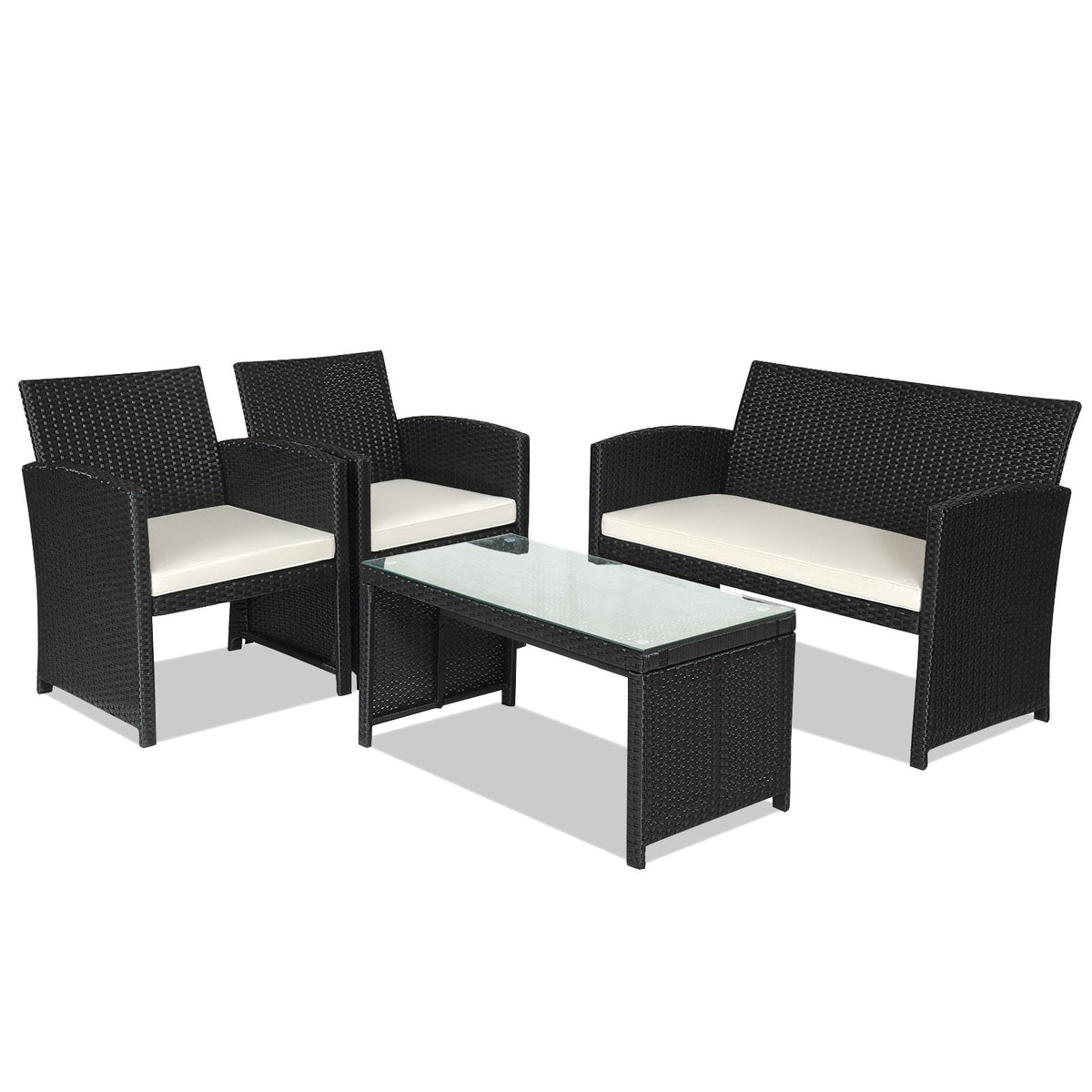 4 Piece Wicker Patio Conversation Set with Tempered Glass Coffee Table, Off White Cushions