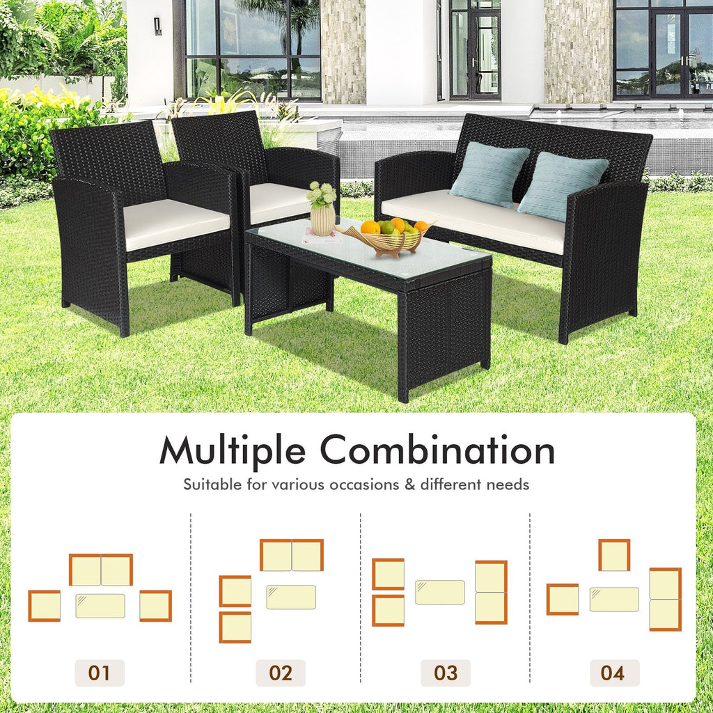 4 Piece Wicker Patio Conversation Set with Tempered Glass Coffee Table, Off White Cushions