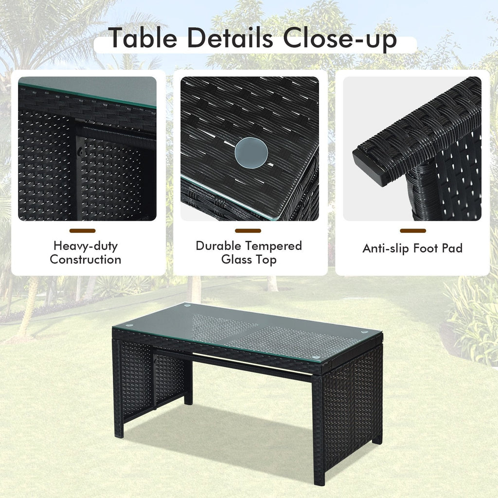 4 Piece Wicker Patio Conversation Set with Tempered Glass Coffee Table, Off White Cushions
