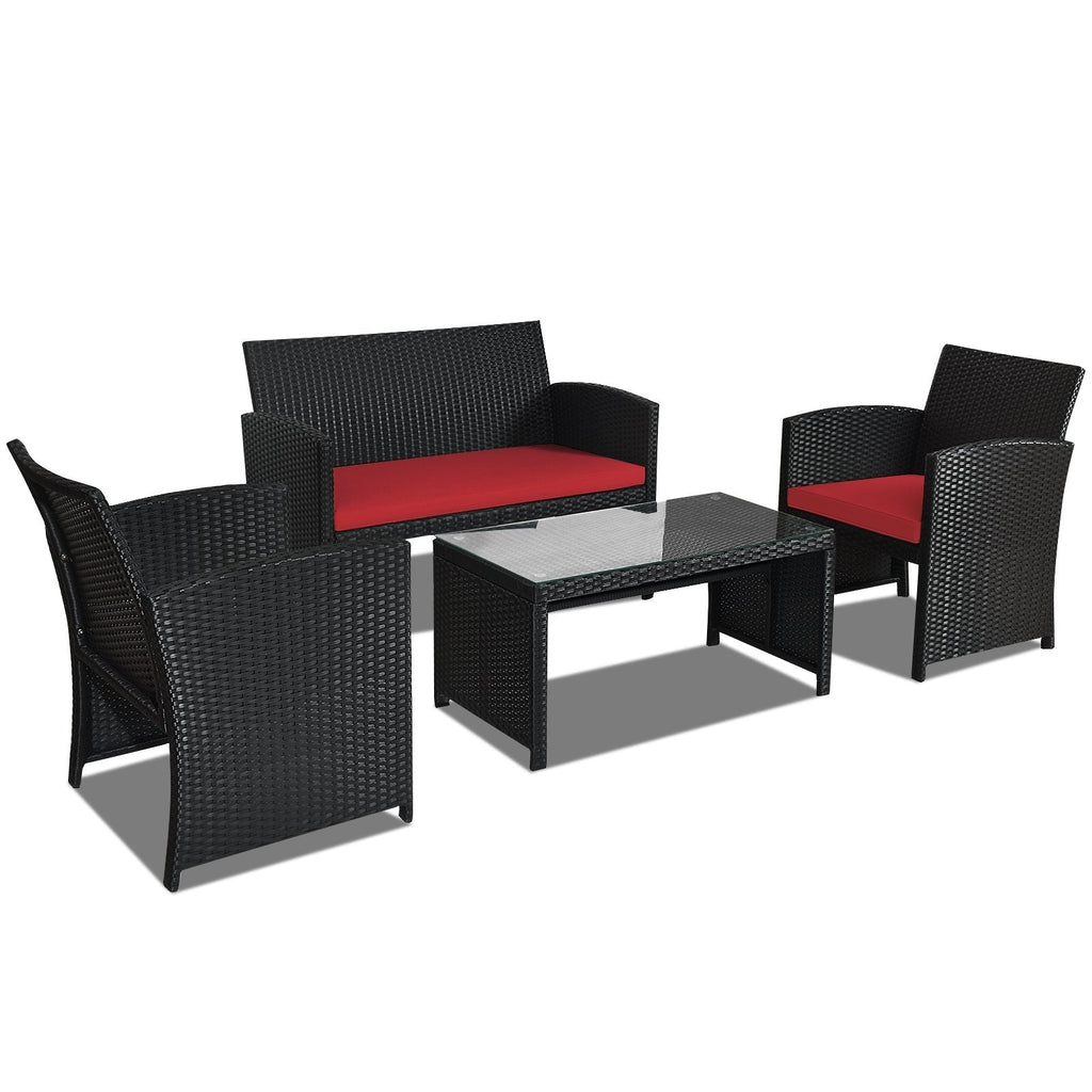 4 Piece Wicker Patio Conversation Set with Tempered Glass Coffee Table, Red Cushions