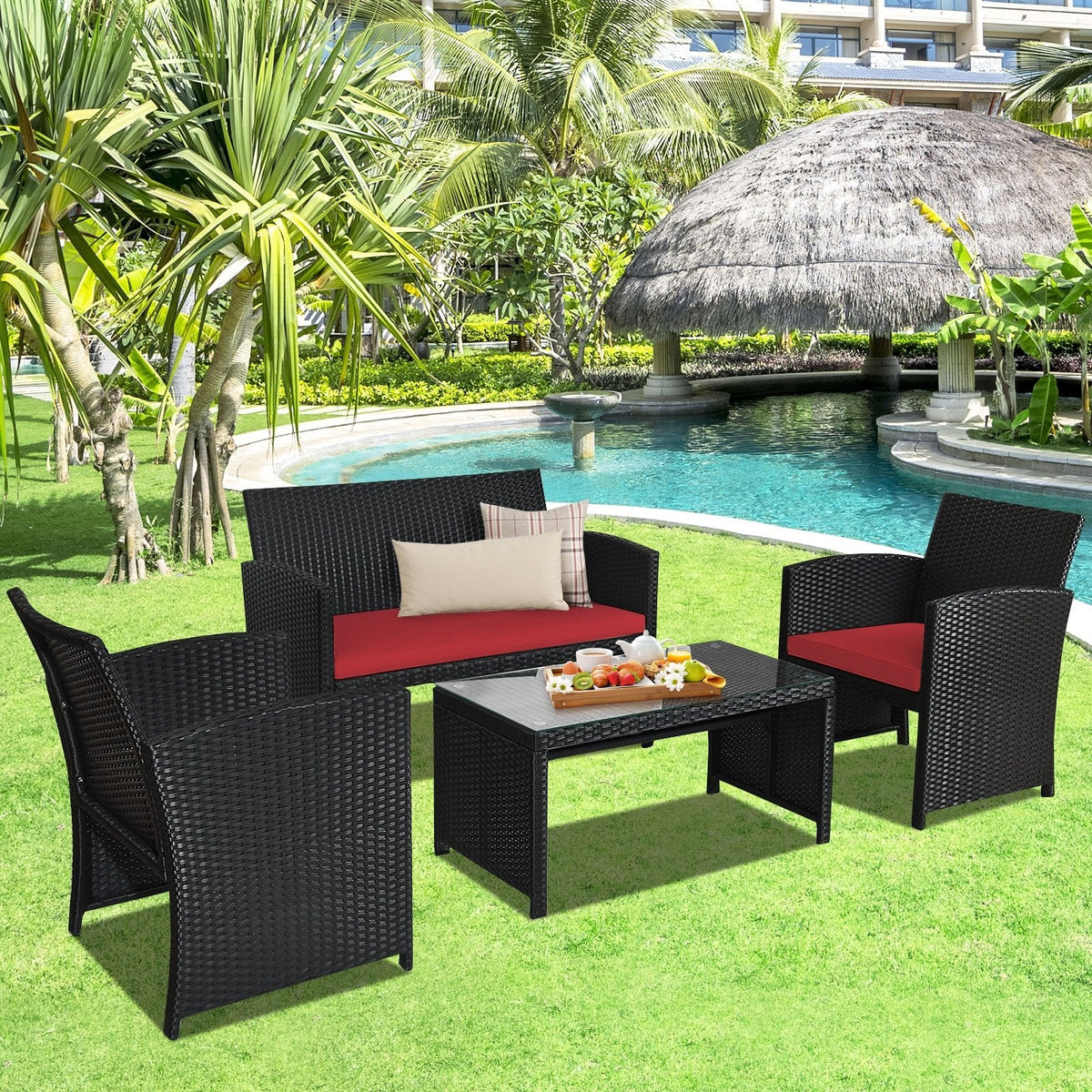 4 Piece Wicker Patio Conversation Set with Tempered Glass Coffee Table, Red Cushions