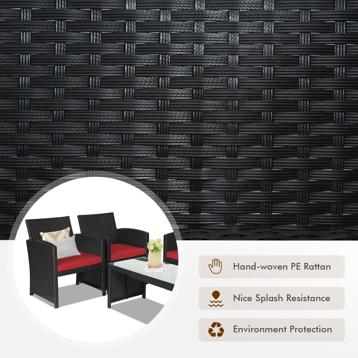 4 Piece Wicker Patio Conversation Set with Tempered Glass Coffee Table, Red Cushions