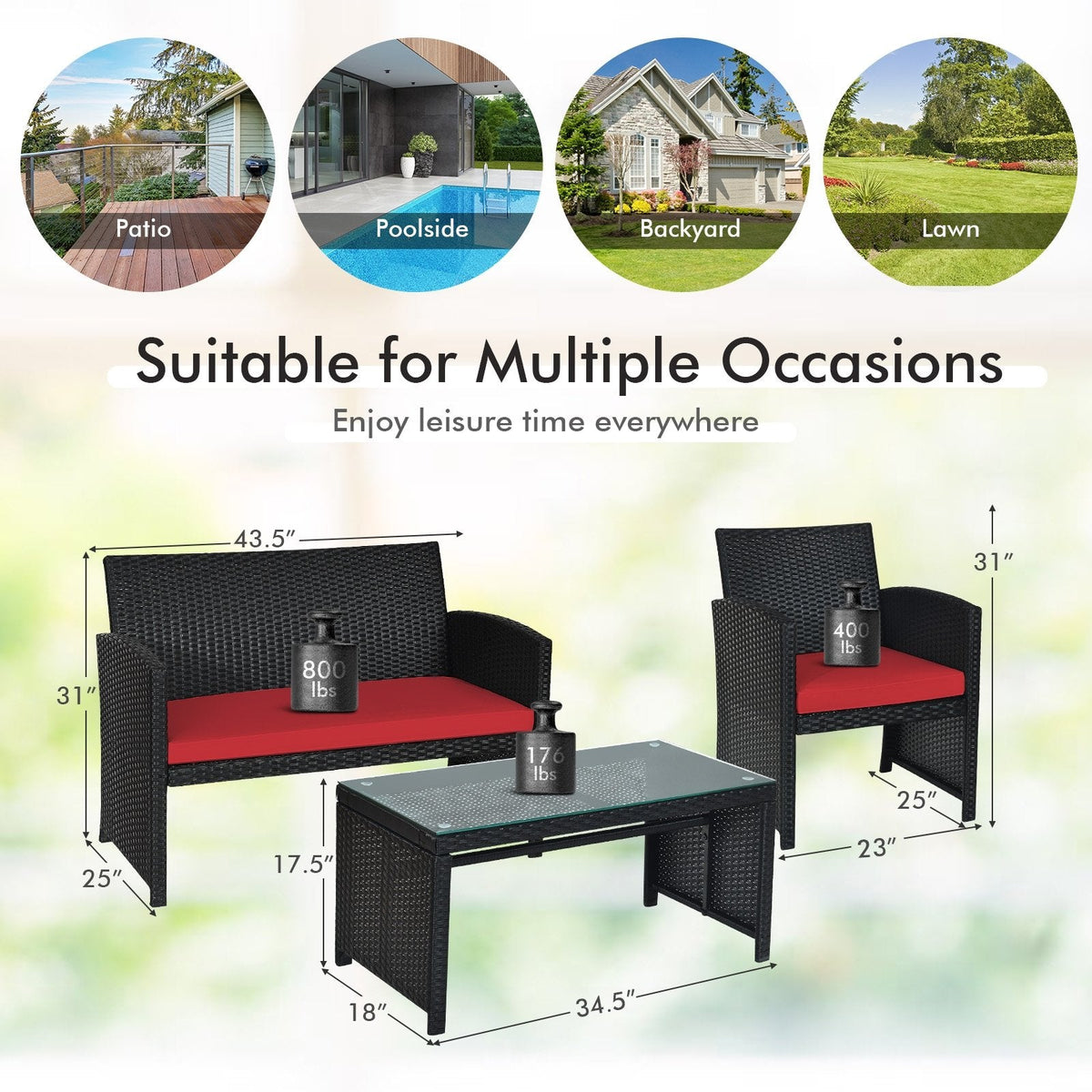 4 Piece Wicker Patio Conversation Set with Tempered Glass Coffee Table, Red Cushions