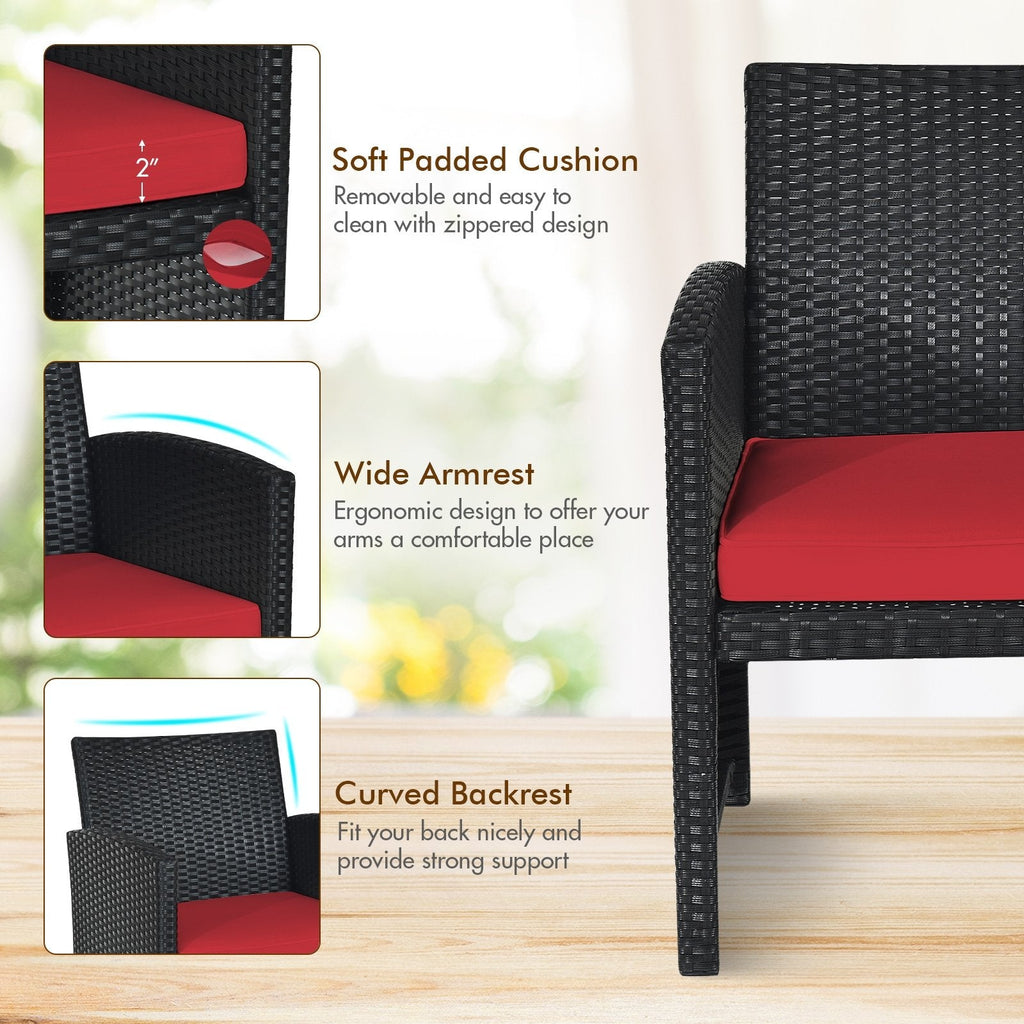 4 Piece Wicker Patio Conversation Set with Tempered Glass Coffee Table, Red Cushions