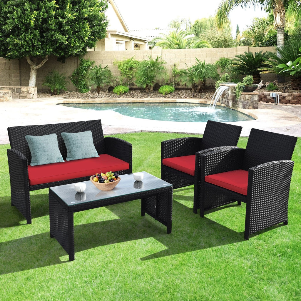4 Piece Wicker Patio Conversation Set with Tempered Glass Coffee Table, Red Cushions