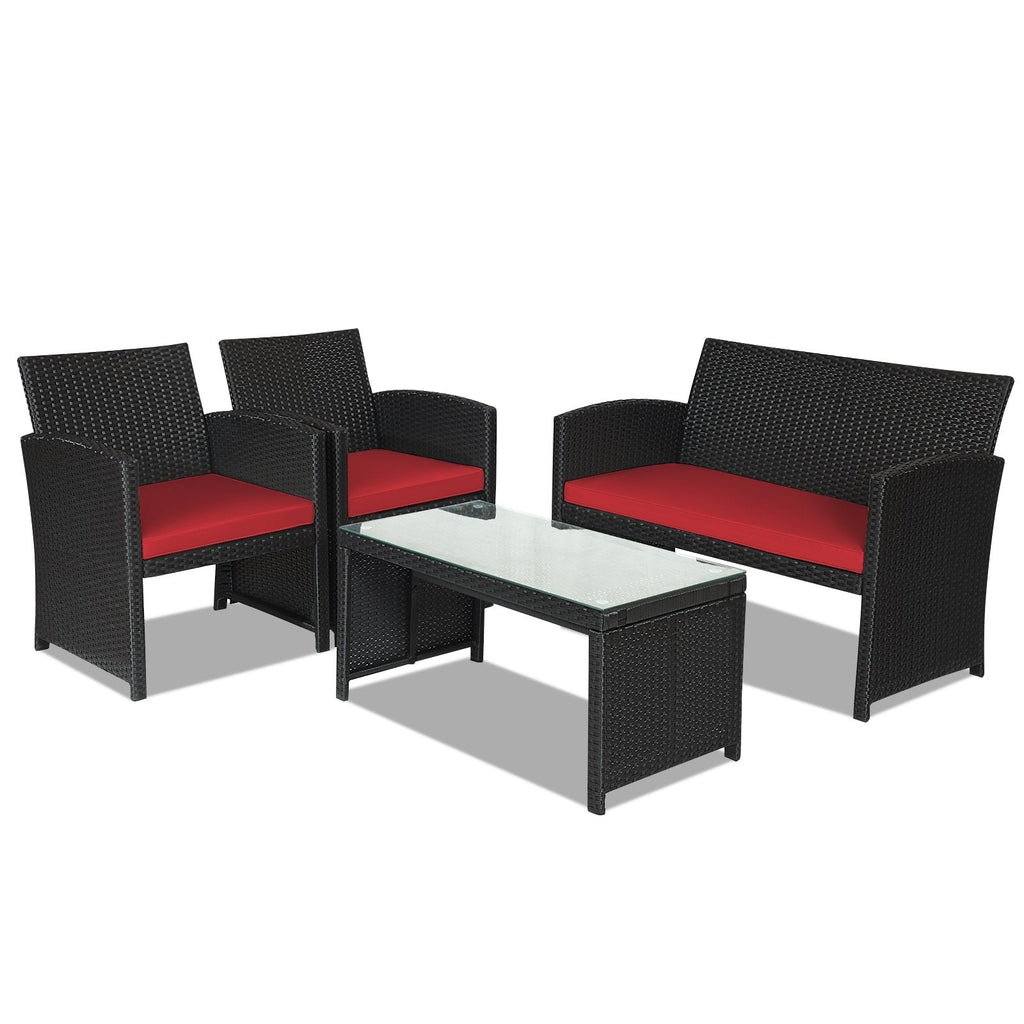 4 Piece Wicker Patio Conversation Set with Tempered Glass Coffee Table, Red Cushions