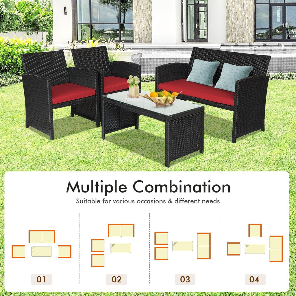 4 Piece Wicker Patio Conversation Set with Tempered Glass Coffee Table, Red Cushions
