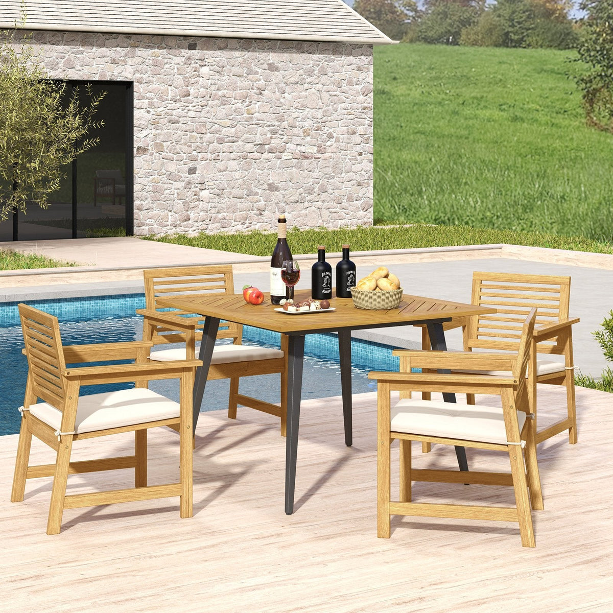 4-Person Acacia Wood Outdoor Dining Table for Garden, Poolside and Backyard