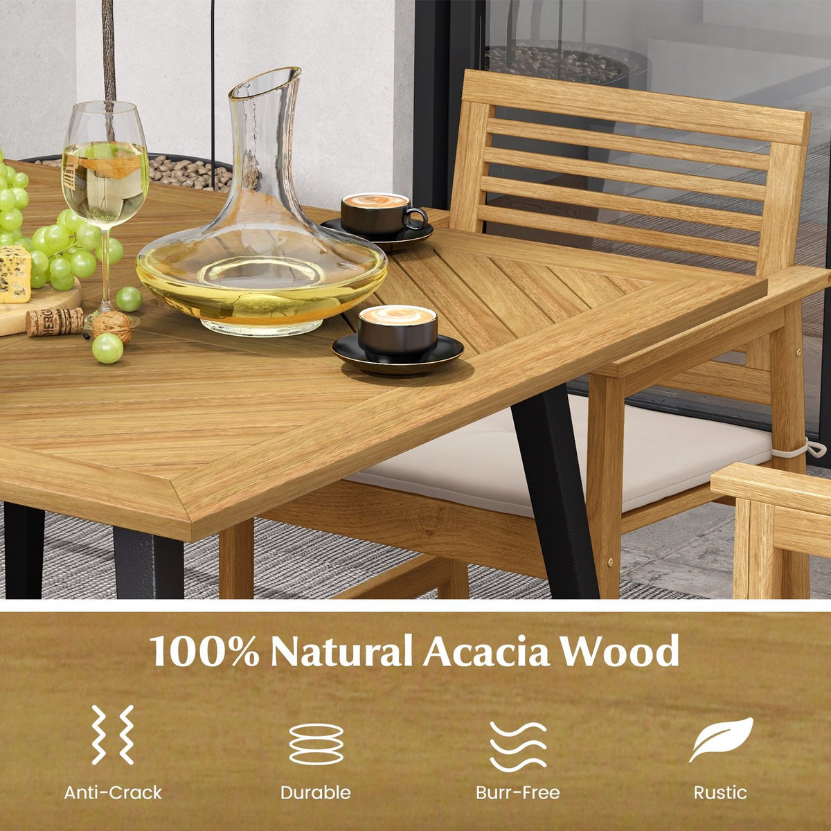 4-Person Acacia Wood Outdoor Dining Table for Garden, Poolside and Backyard