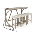 4-Piece Bar Table Set with Power Outlet and Upholstered Saddle Seat Stools-Grey and Beige