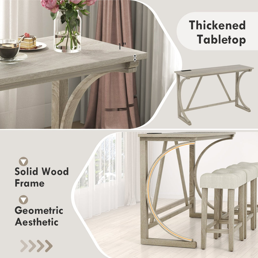 4-Piece Bar Table Set with Power Outlet and Upholstered Saddle Seat Stools-Grey and Beige