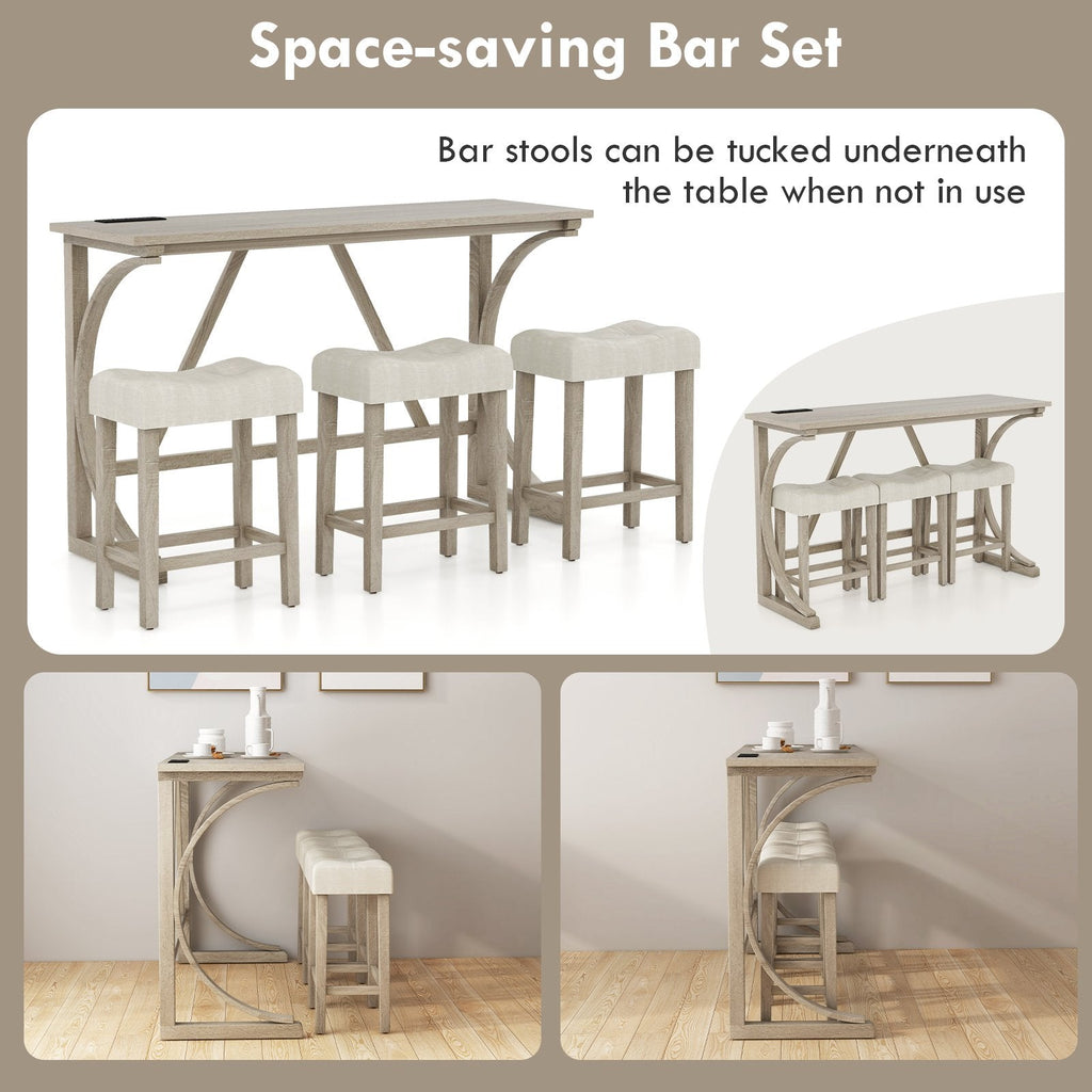4-Piece Bar Table Set with Power Outlet and Upholstered Saddle Seat Stools-Grey and Beige