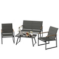4 Piece Padded Sling Patio Conversation Set with Wood Plastic Armrests and Glass Table, Gray