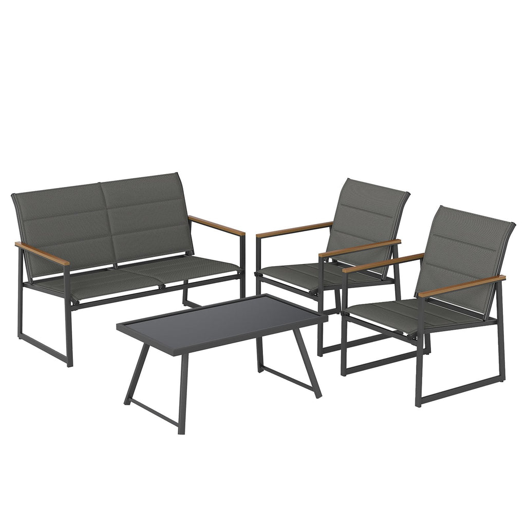 4 Piece Padded Sling Patio Conversation Set with Wood Plastic Armrests and Glass Table, Gray