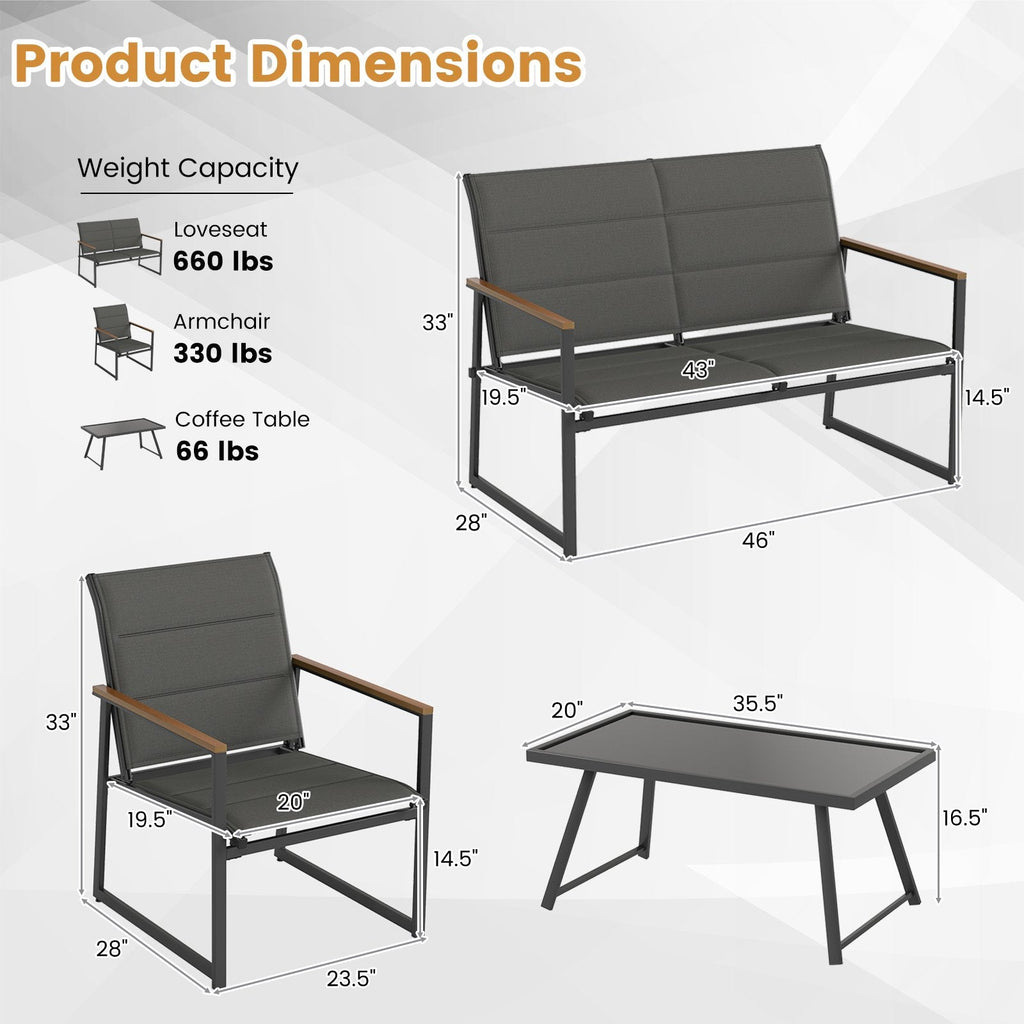 4 Piece Padded Sling Patio Conversation Set with Wood Plastic Armrests and Glass Table, Gray