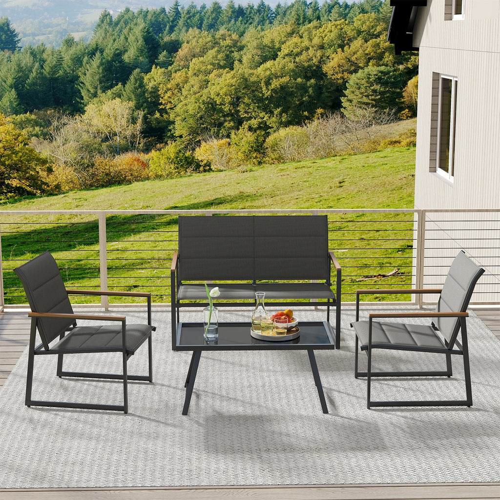 4 Piece Padded Sling Patio Conversation Set with Wood Plastic Armrests and Glass Table, Gray