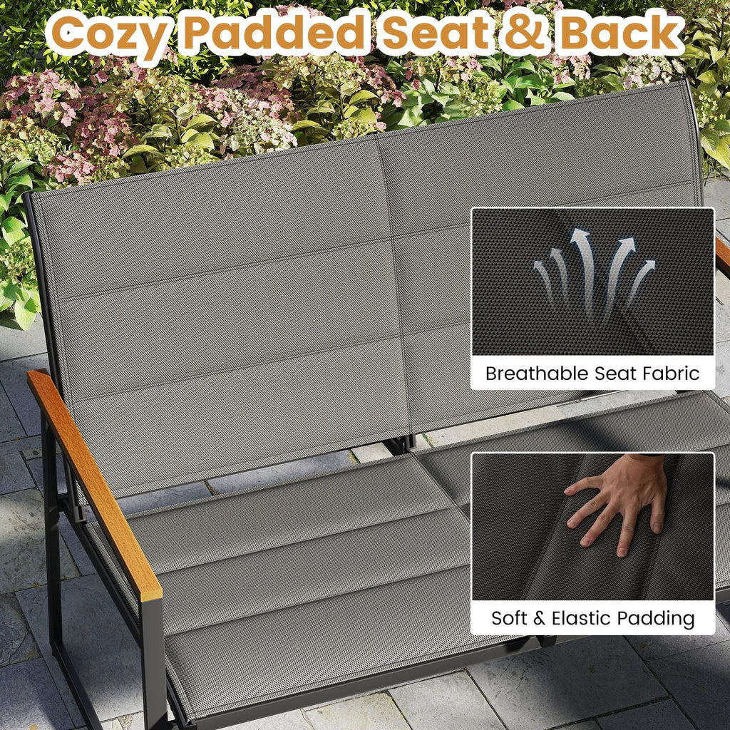 4 Piece Padded Sling Patio Conversation Set with Wood Plastic Armrests and Glass Table, Gray