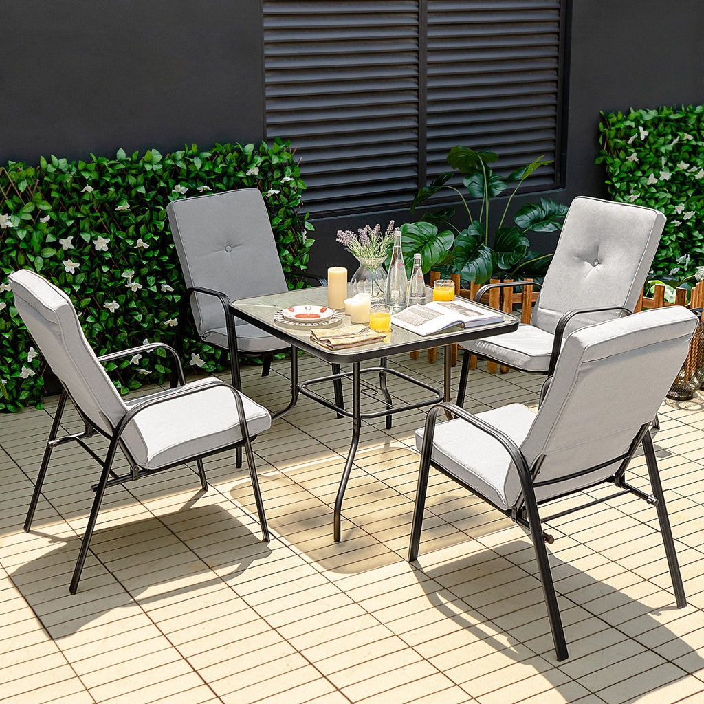 5 Piece Outdoor Dining Set, 35 in Square Tempered Glass Table with Umbrella Hole and 4 Stackable High Back Chairs