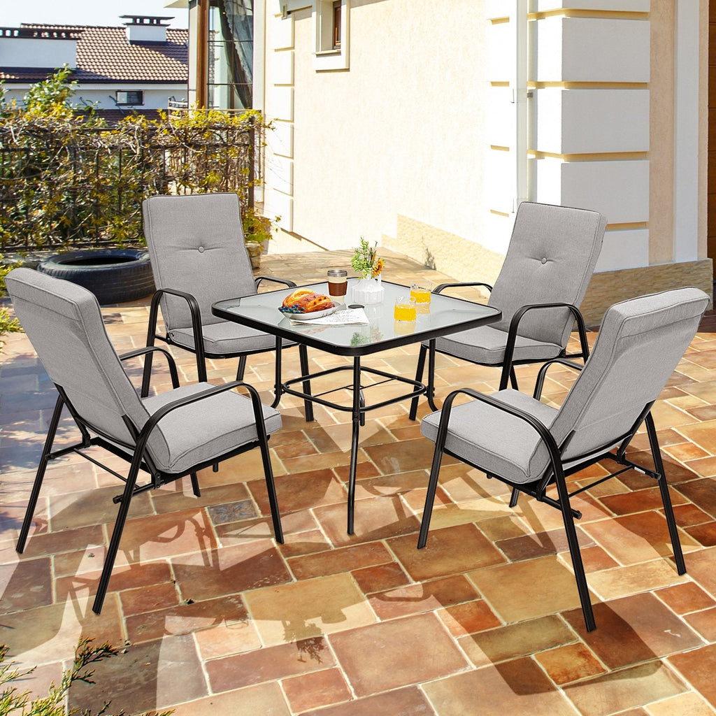 5 Piece Outdoor Dining Set, 35 in Square Tempered Glass Table with Umbrella Hole and 4 Stackable High Back Chairs
