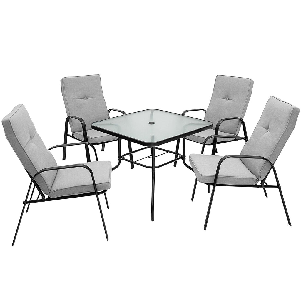 5 Piece Outdoor Dining Set, 35 in Square Tempered Glass Table with Umbrella Hole and 4 Stackable High Back Chairs