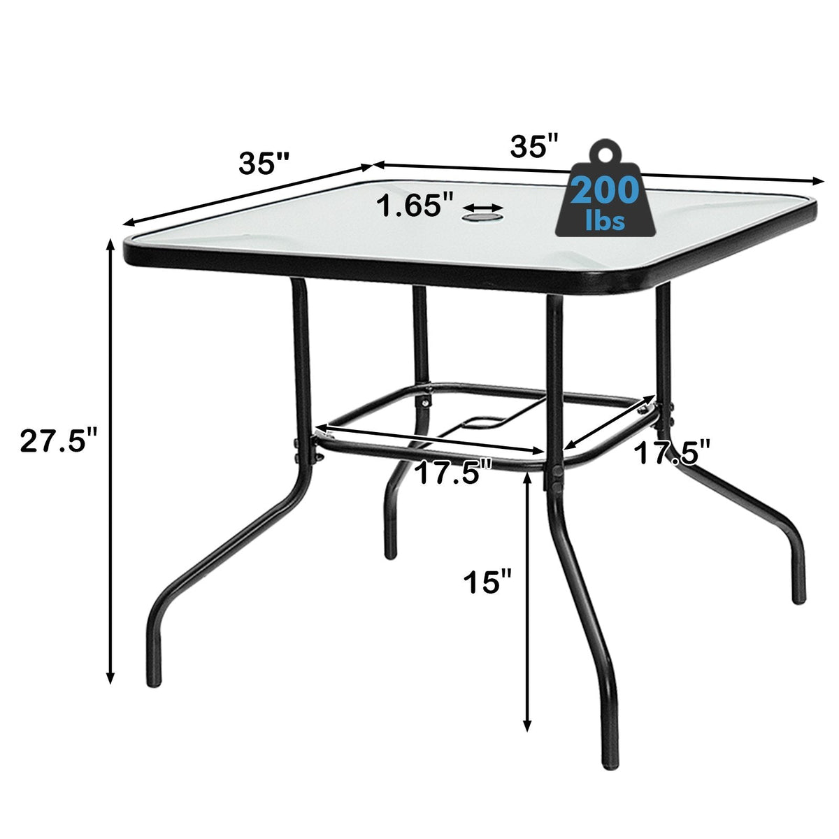 5 Piece Outdoor Dining Set, 35 in Square Tempered Glass Table with Umbrella Hole and 4 Stackable High Back Chairs