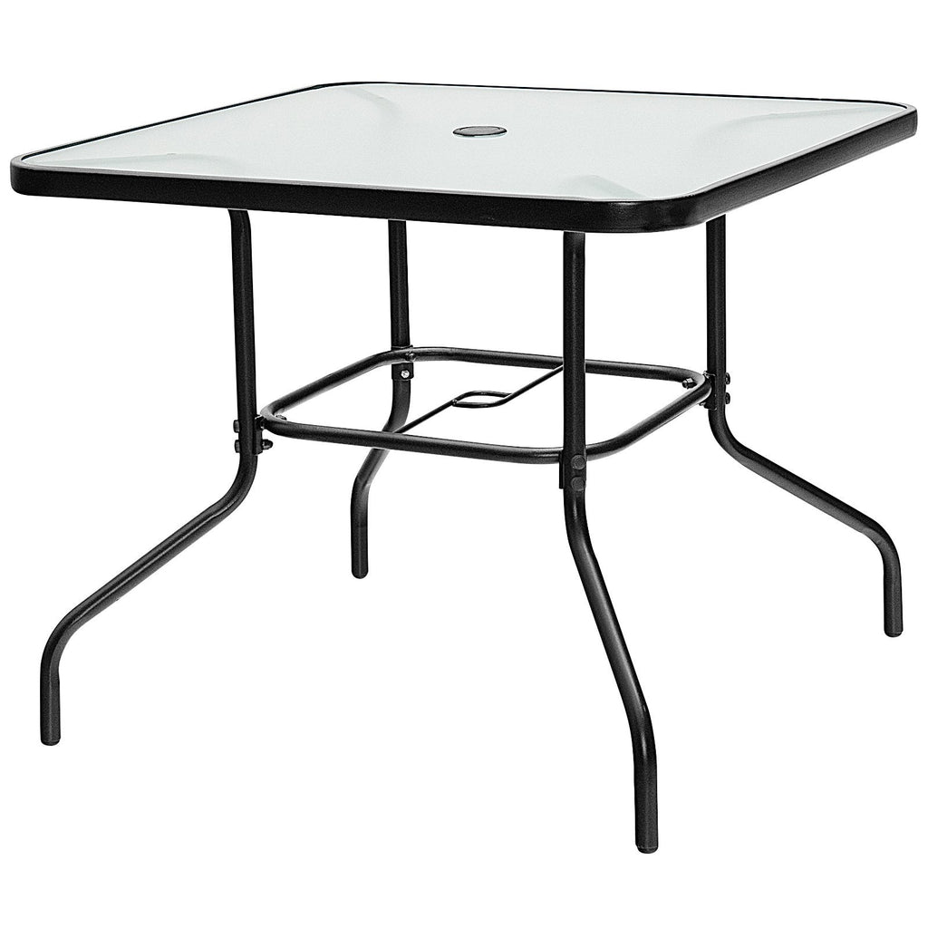 5 Piece Outdoor Dining Set, 35 in Square Tempered Glass Table with Umbrella Hole and 4 Stackable High Back Chairs