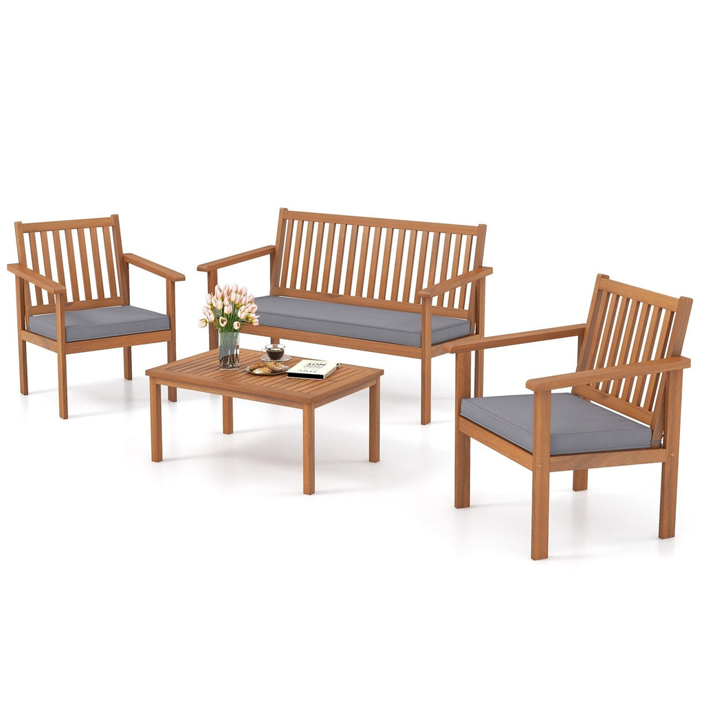 4 Piece Acacia Wood Patio Conversation Set, Slatted Loveseat Rated 800 lb and 2 Armchairs Rated 400 lb with Grey Cushions and Coffee Table