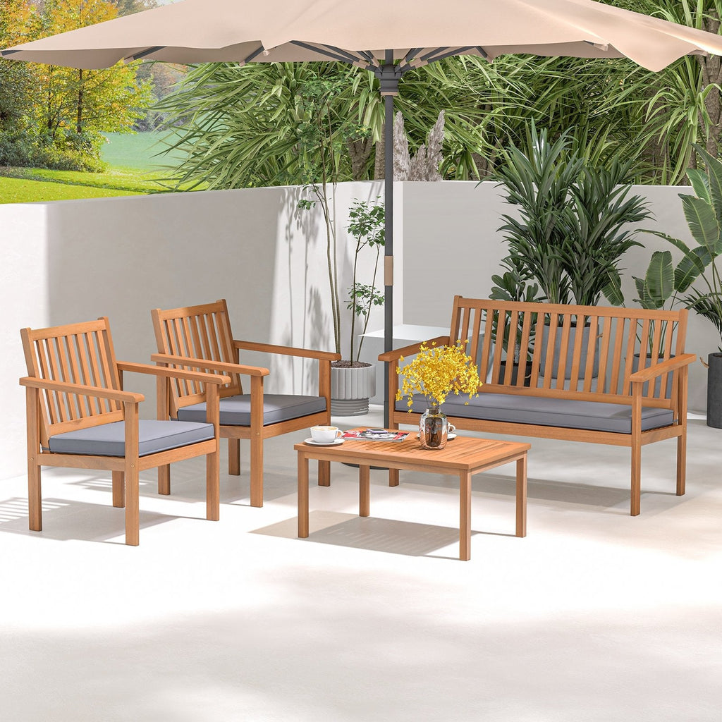 4 Piece Acacia Wood Patio Conversation Set, Slatted Loveseat Rated 800 lb and 2 Armchairs Rated 400 lb with Grey Cushions and Coffee Table