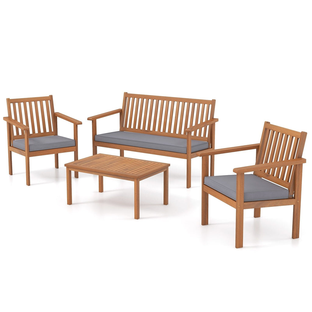 4 Piece Acacia Wood Patio Conversation Set, Slatted Loveseat Rated 800 lb and 2 Armchairs Rated 400 lb with Grey Cushions and Coffee Table