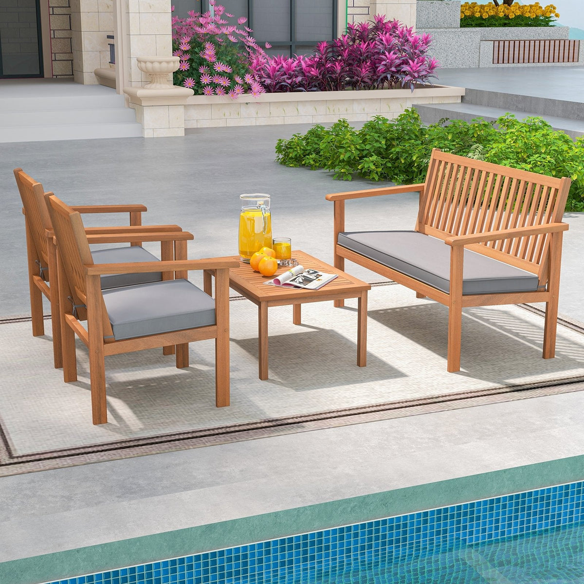 4 Piece Acacia Wood Patio Conversation Set, Slatted Loveseat Rated 800 lb and 2 Armchairs Rated 400 lb with Grey Cushions and Coffee Table