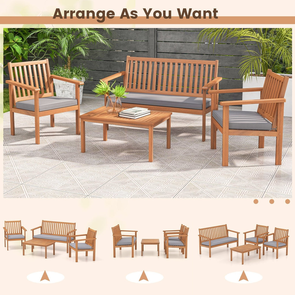 4 Piece Acacia Wood Patio Conversation Set, Slatted Loveseat Rated 800 lb and 2 Armchairs Rated 400 lb with Grey Cushions and Coffee Table