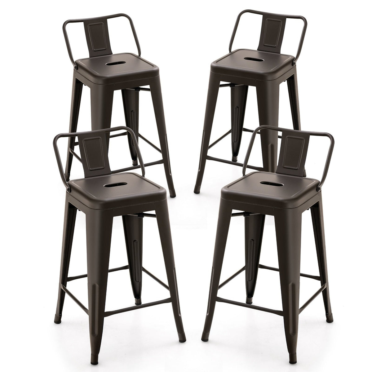 Set of 4 Metal Counter Stools with Removable Backs, Gun Metal Finish, 24 Inch Seat Height