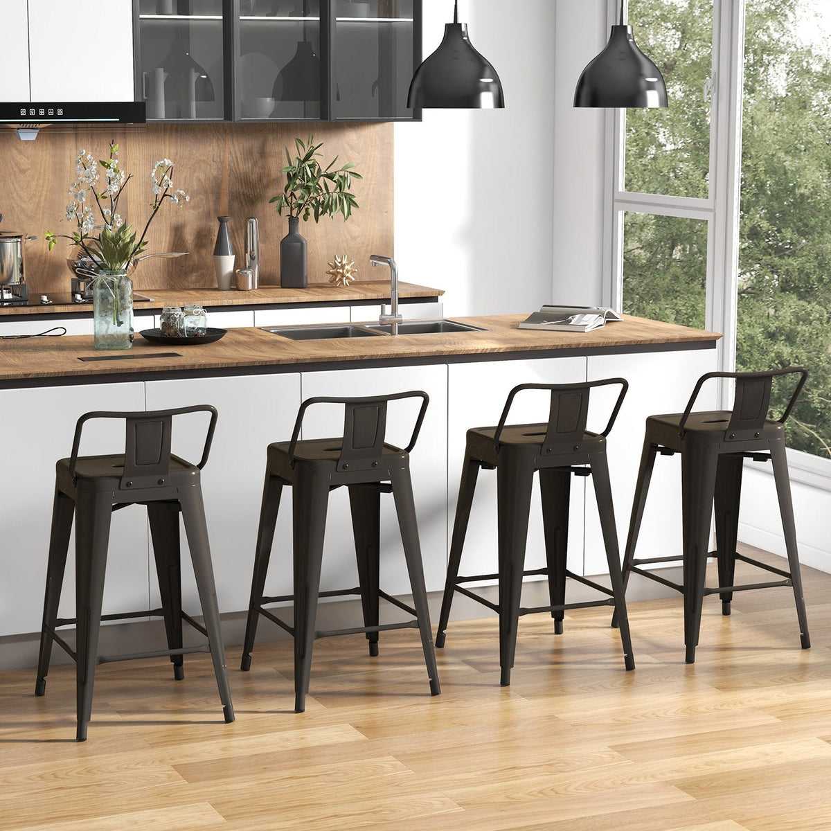 Set of 4 Metal Counter Stools with Removable Backs, Gun Metal Finish, 24 Inch Seat Height