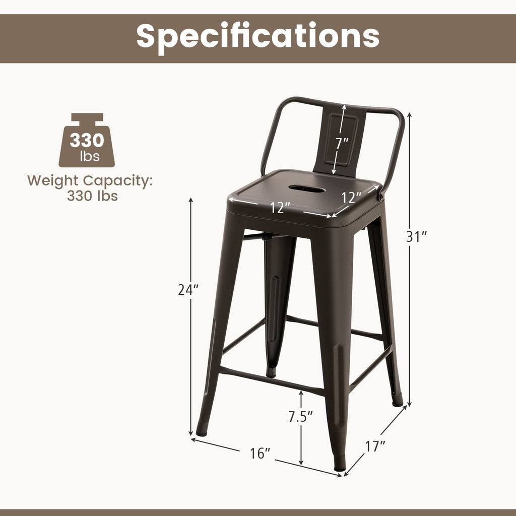 Set of 4 Metal Counter Stools with Removable Backs, Gun Metal Finish, 24 Inch Seat Height
