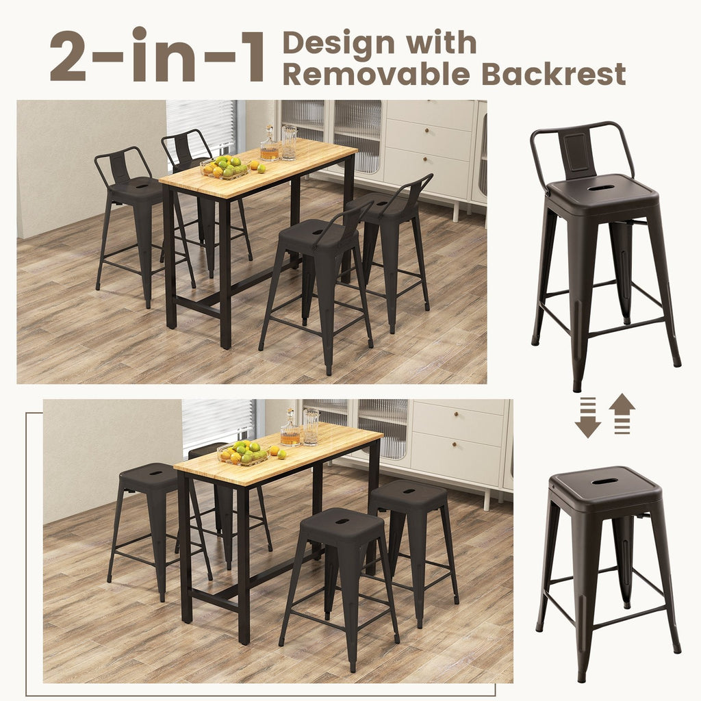 Set of 4 Metal Counter Stools with Removable Backs, Gun Metal Finish, 24 Inch Seat Height