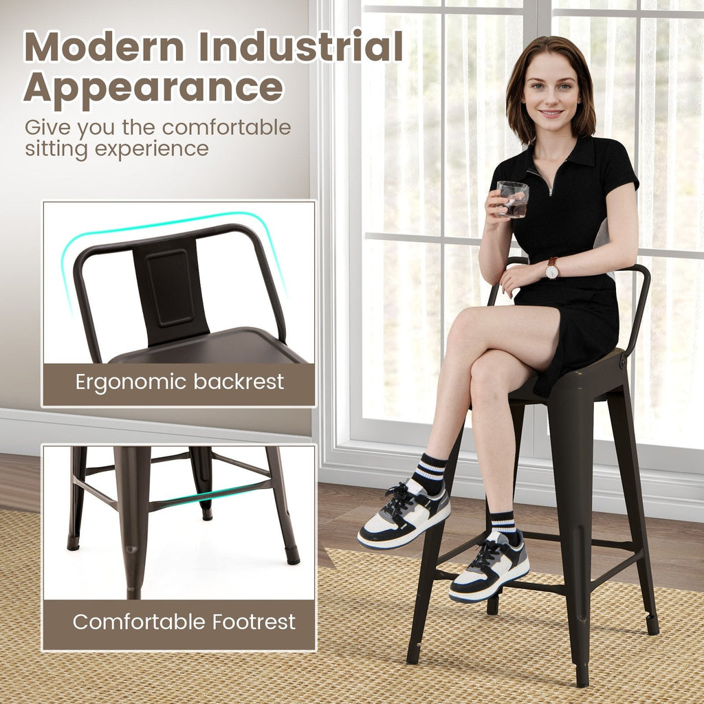 Set of 4 Metal Counter Stools with Removable Backs, Gun Metal Finish, 24 Inch Seat Height