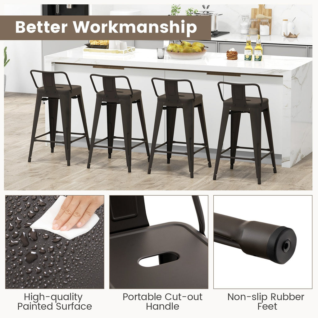 Set of 4 Metal Counter Stools with Removable Backs, Gun Metal Finish, 24 Inch Seat Height