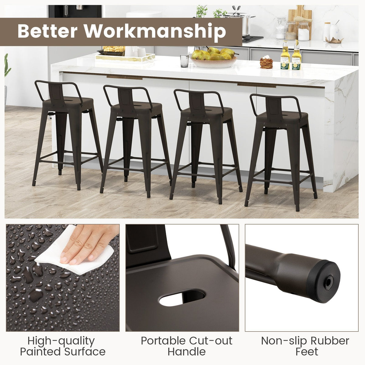 Set of 4 Metal Counter Stools with Removable Backs, Gun Metal Finish, 24 Inch Seat Height